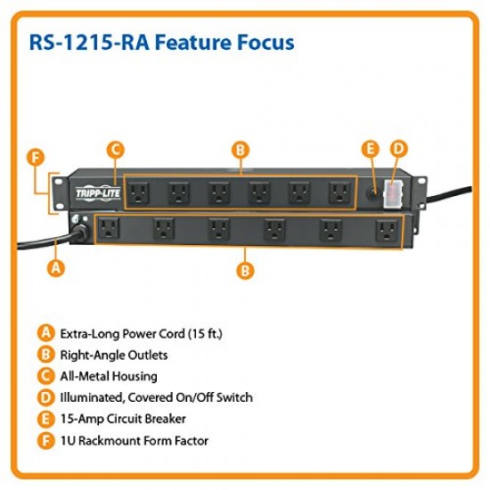 Tripp Lite Rackmount Network-Grade PDU Power Strip, 12 Right Angle Outlets Wide-Spaced, 15A, 15ft Cord w/ 5-15P Plug (RS1215-RA)