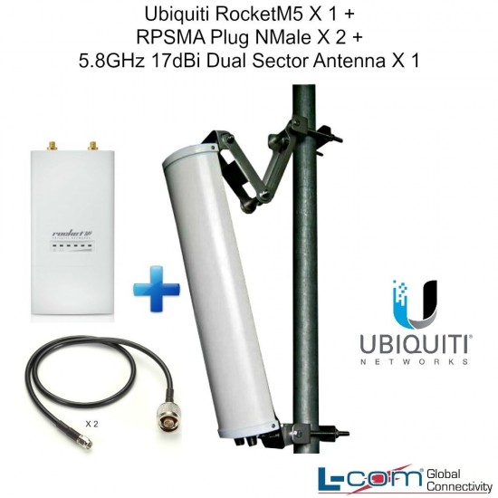 Ubiquiti RocketM5 X1 + RPSMA Plug NMale X2 + 5.8GHz 17dBi Dual Sector Antenna X1