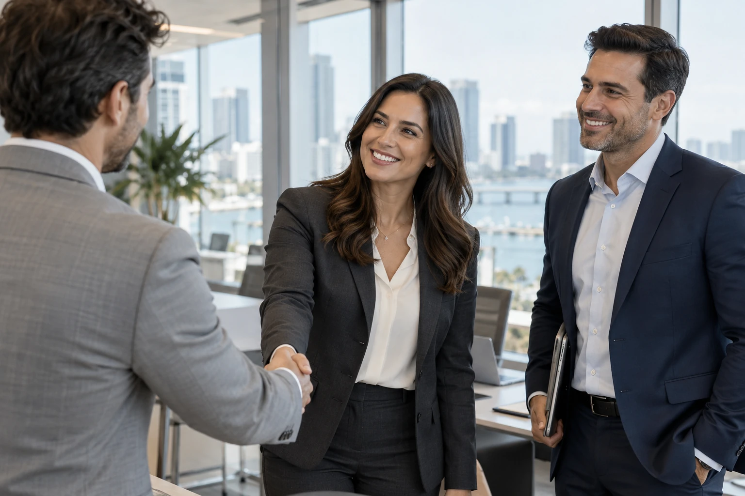 Technology consultants welcoming a business client to an office meeting.