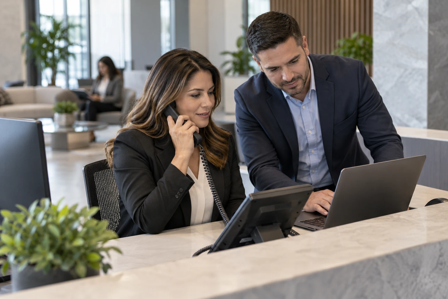 IT consultant helping an office manager configure a business desk phone.