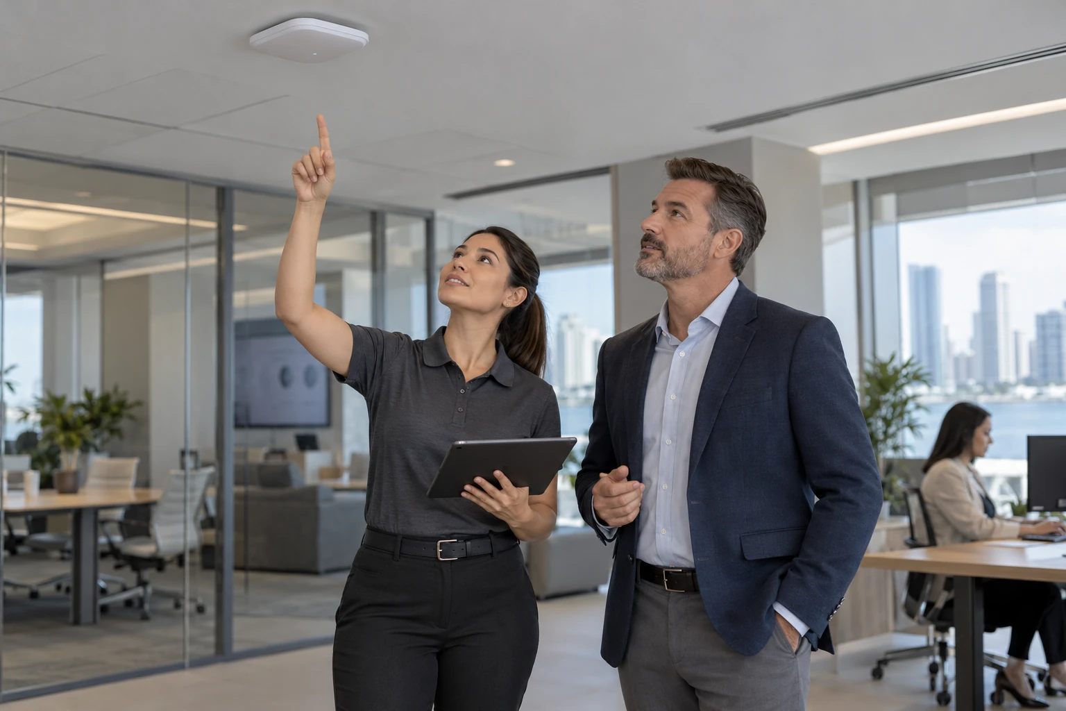 Network engineer conducting an office Wi-Fi survey with a business manager.