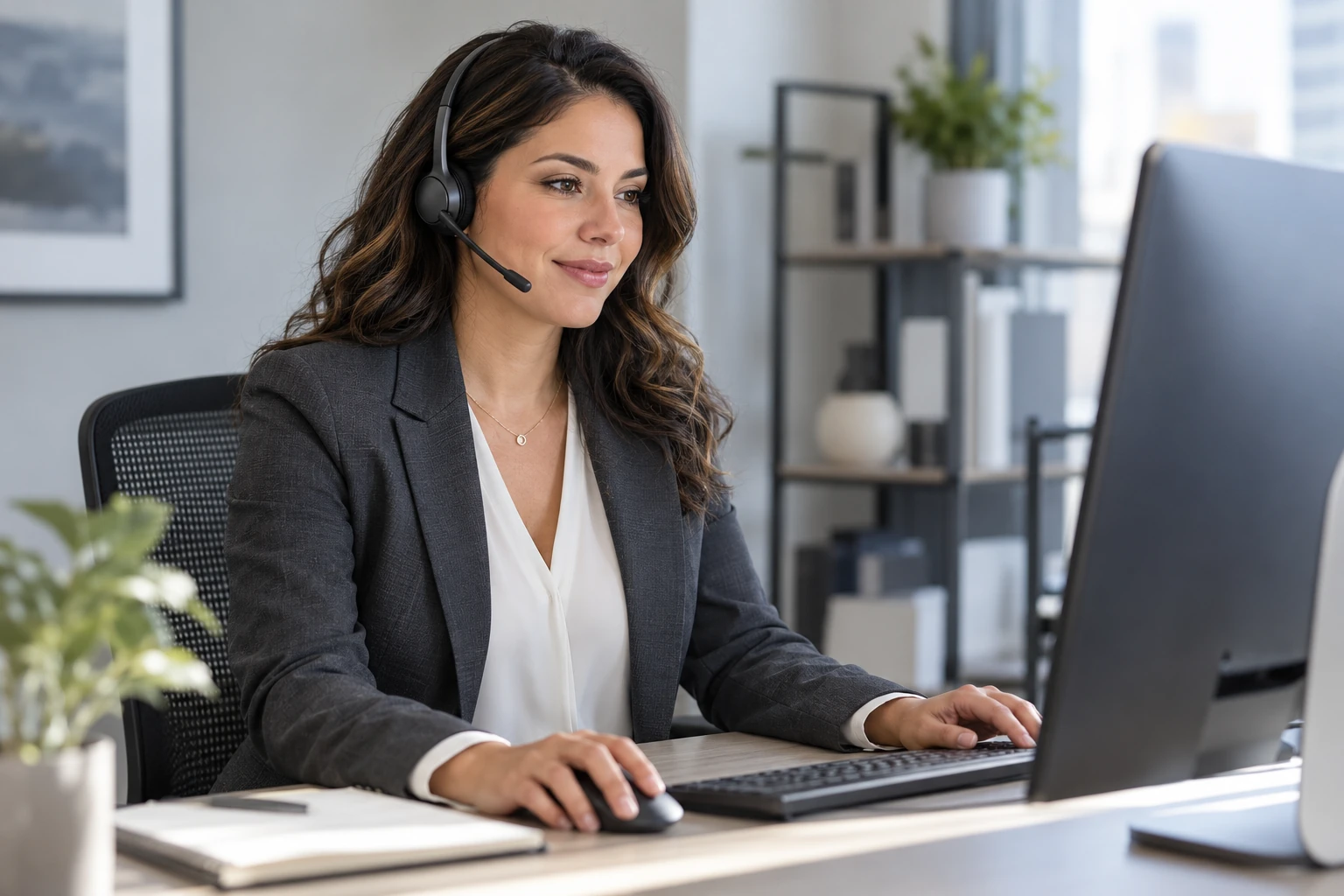 Professional IT support specialist wearing a headset at her desk.