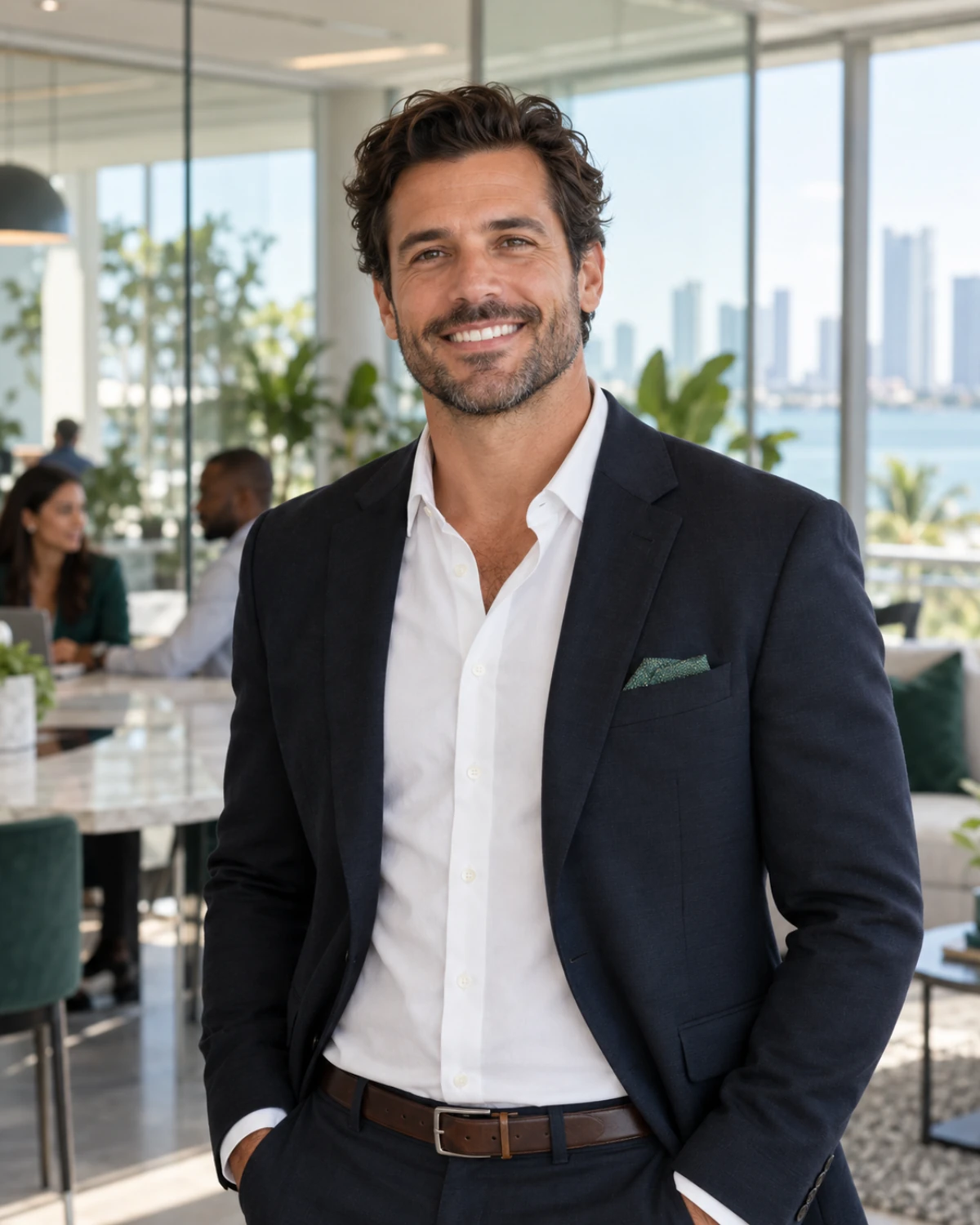Confident business owner in a dark blazer in a bright modern office.