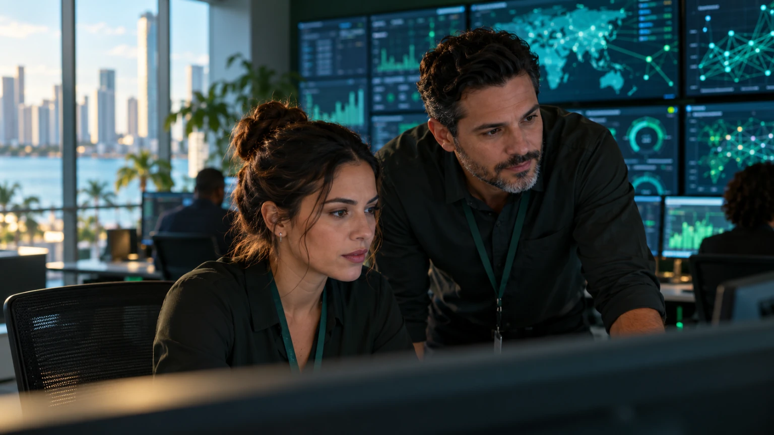 Technicians reviewing network operations displays.