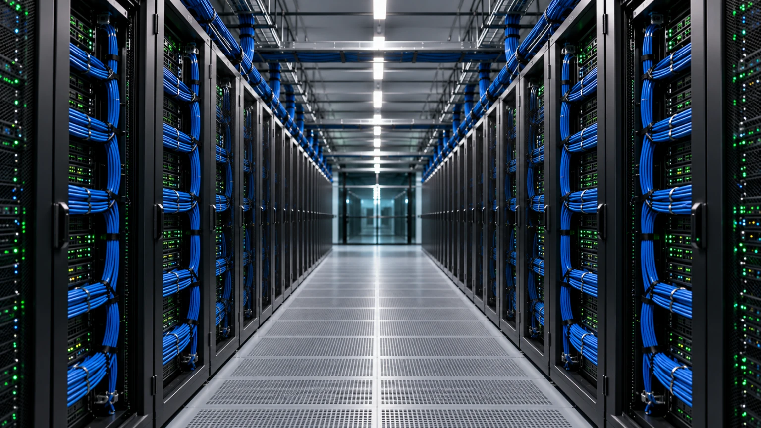 Clean data-center aisle with blue cables and green status lights.