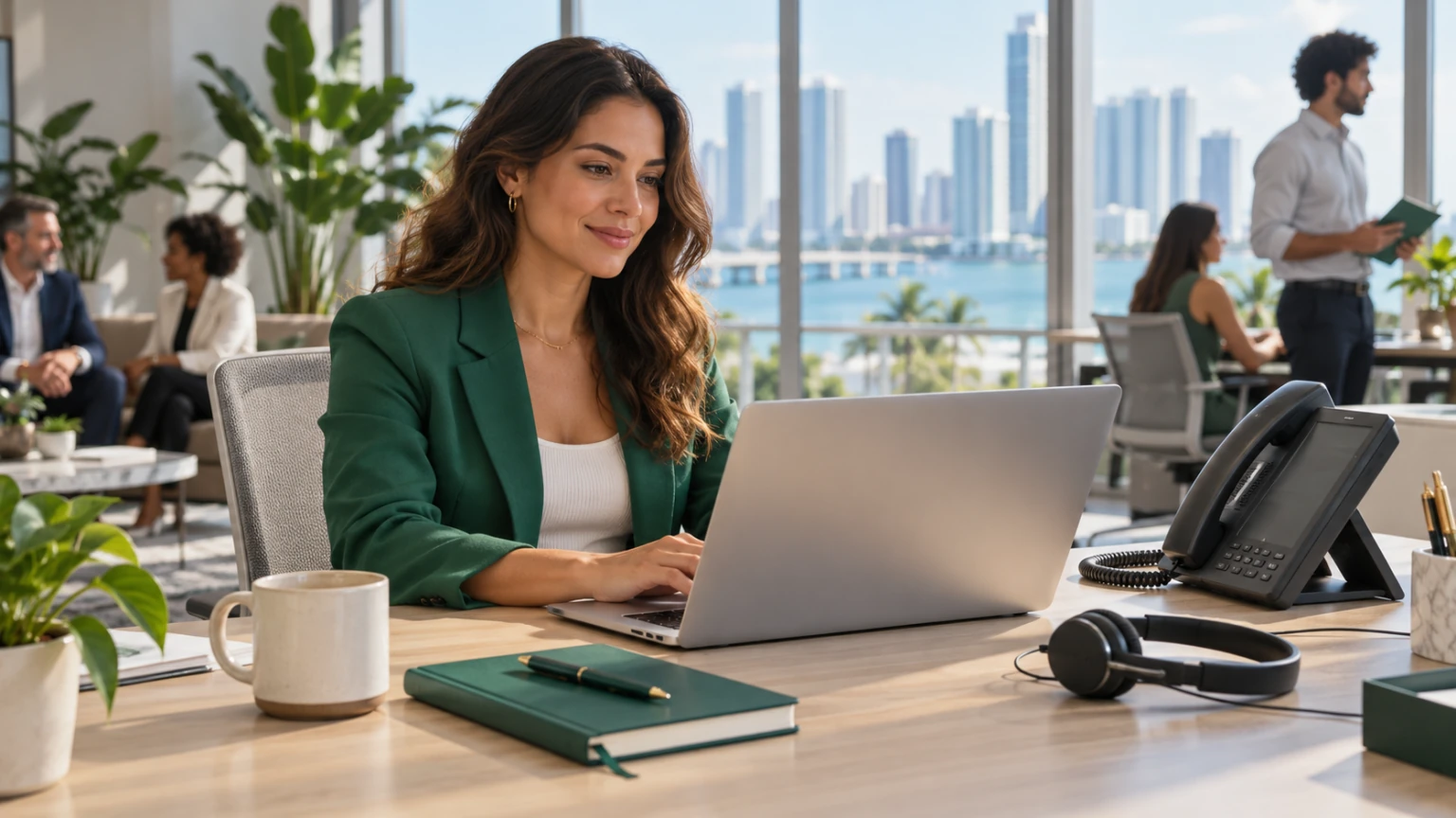 Business desk phone and headset beside a laptop in an office.