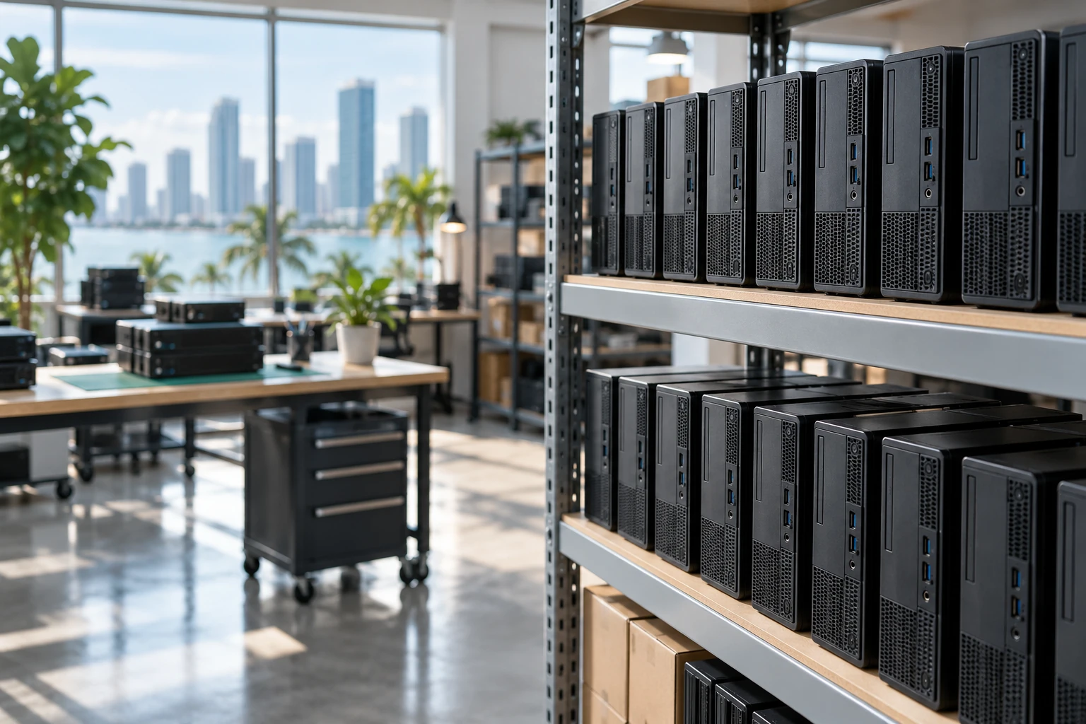 Ordentlich aufgereihte kompakte Business-Computer in Lagerregalen.