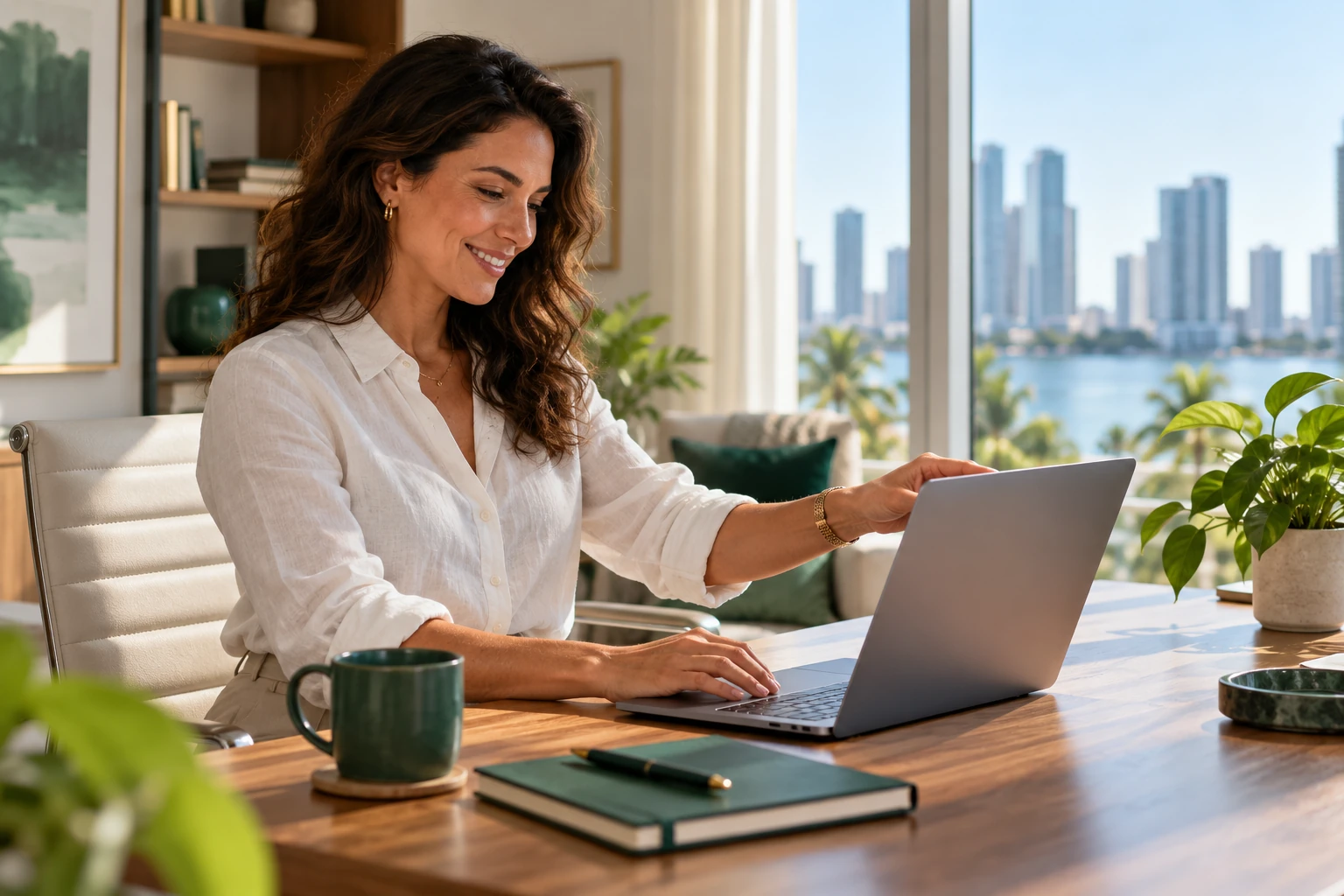 Customer opening a laptop at a bright home-office desk.