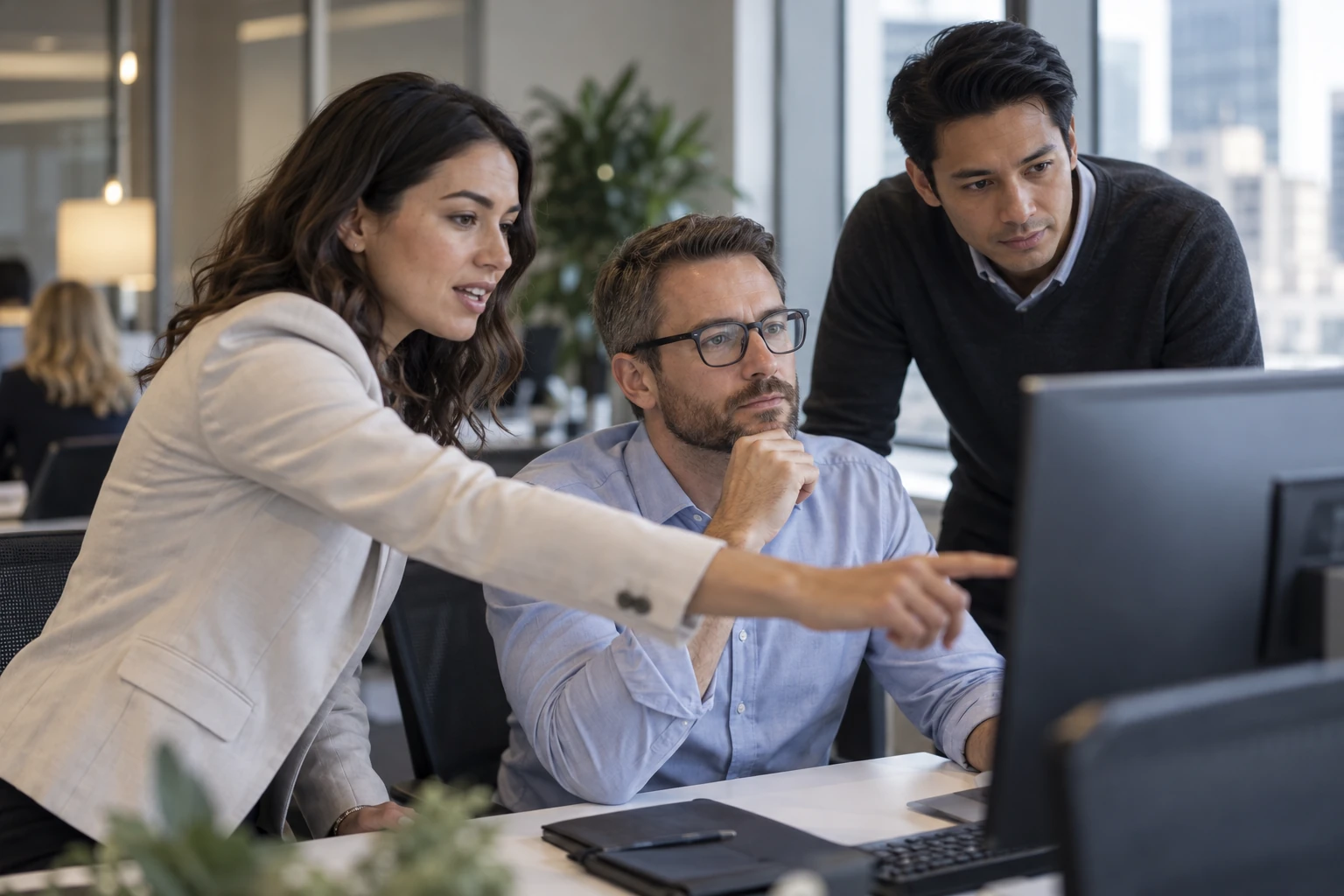 Three colleagues reviewing a monitor, with a woman pointing at the screen.
